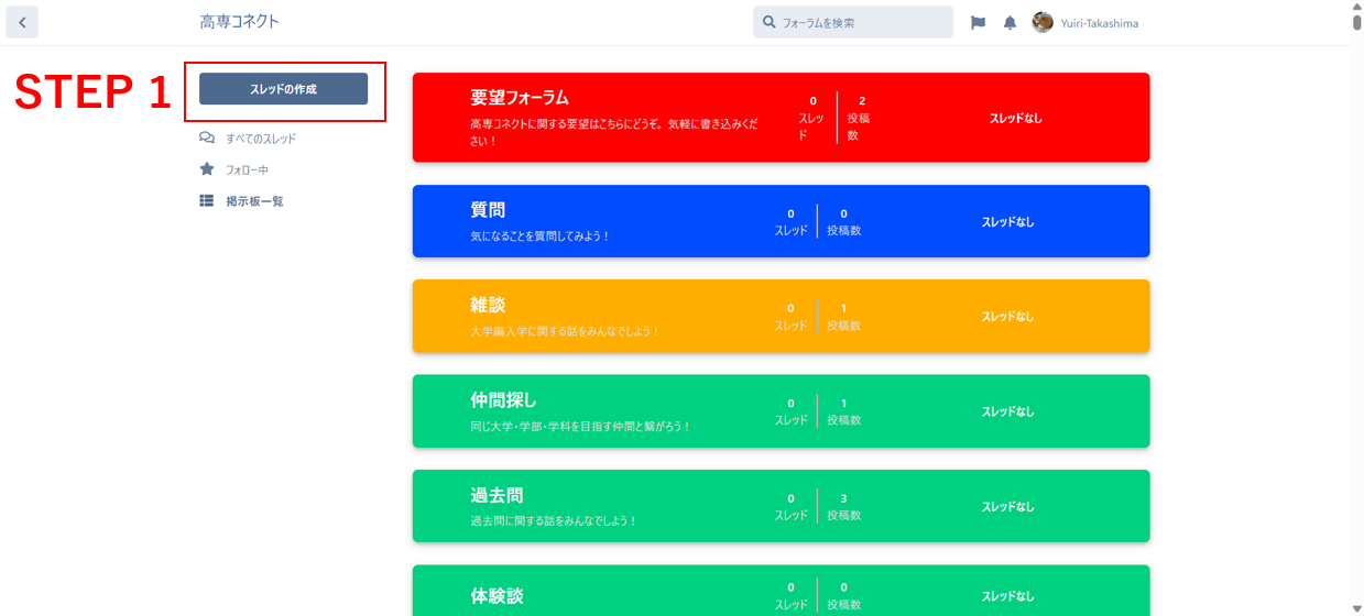 ステップ1：スレッドの作成ボタン